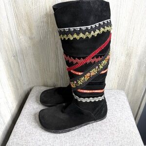 Earth Black and Red Embroidered Over the Knee Boots